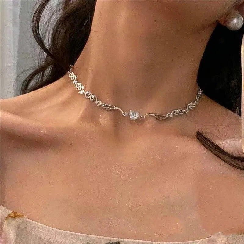 STORESDE Silver Color Irregualr Choker Necklace for Women Love Heart Crystal  Clavicle Chain Necklace Wholesale Jewelry