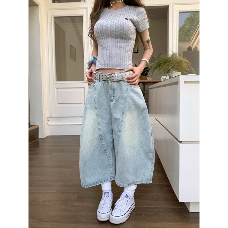 STORESDE 2025 Summer Sexy Vintage Style Harajuku Blue Jeans Women's Y2K Punk Street Baggy Denim Trouser Casual Mop Calf Length Pants