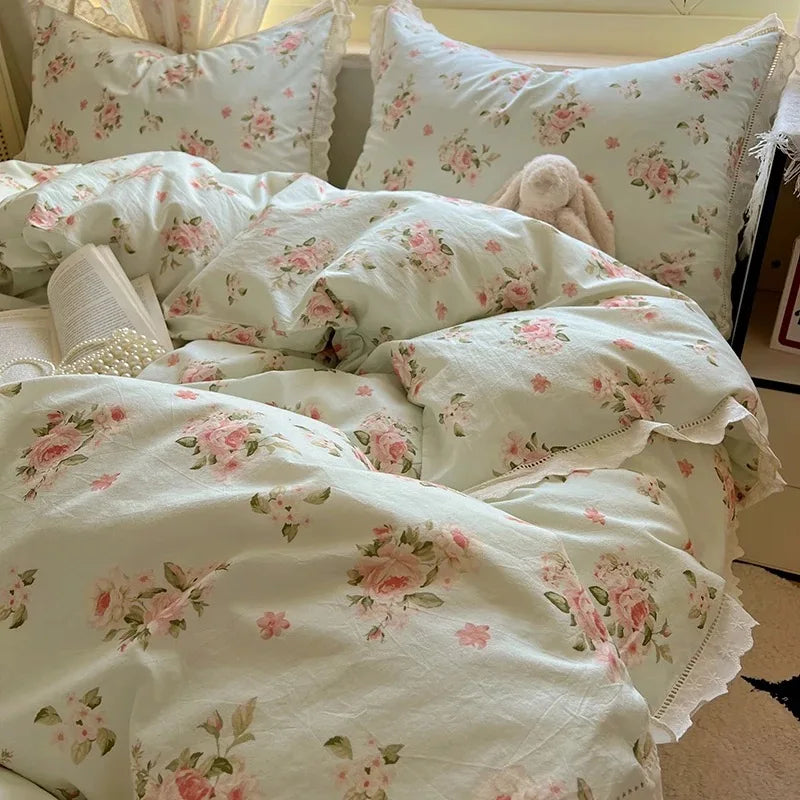 STORESDE Washed Cotton Duvet Cover Sets Single/Queen/king Flower Printed Bedding Set Princess Style e housse de couette 220x240 with Lace