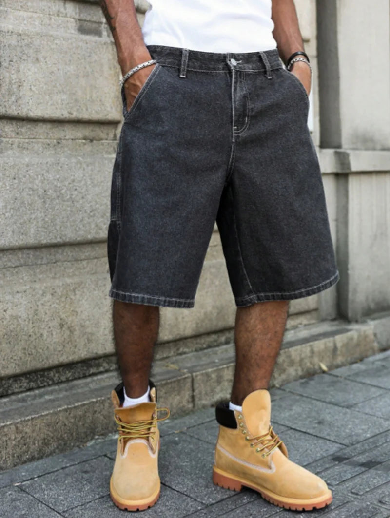 STORESDE Men's Summer Black-Grey Loose Baggy Denim Shorts
