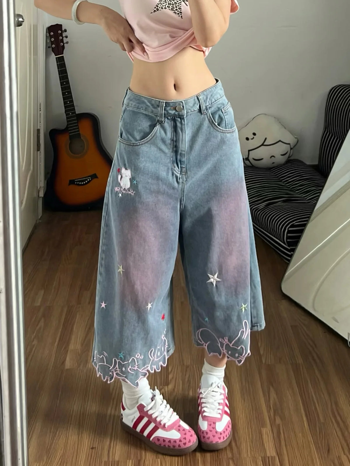 STORESDE Women High Waist Cute Cartoon Cat Embroidery Jeans Girls Vintage Y2k Clothes Calf Length Denim Pants Harajuku Blue Streetwear