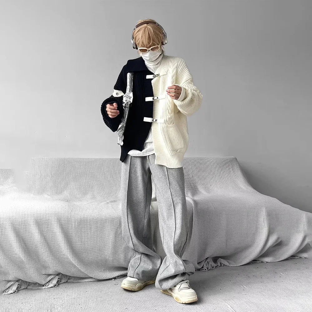 STORESDE Sweater Men Y2k Splicing Button Knitted Jacket Niche Streetwear Soft Knitwear Autumn Personality Youthful Casual Mens Clothing