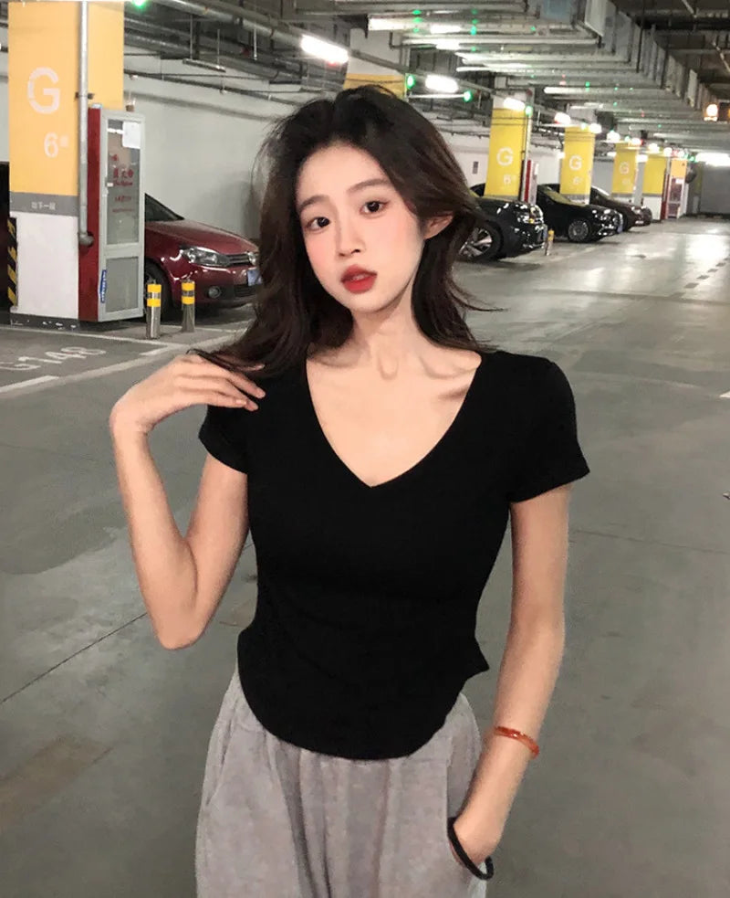 STORESDE Sexy V-neck Short Sleeve T-shirts for Women Summer New Tees Top Black White Basic Tshirt Y2K Korean Style Women's Clothes 2026