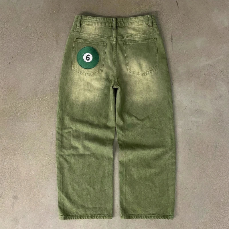 STORESDE Y2K Street Matcha Denim Jeans Pocket Green 6 Ball Embroidery Denim Pants London High Street Trend Streetwear Unisex Baggy Jeans