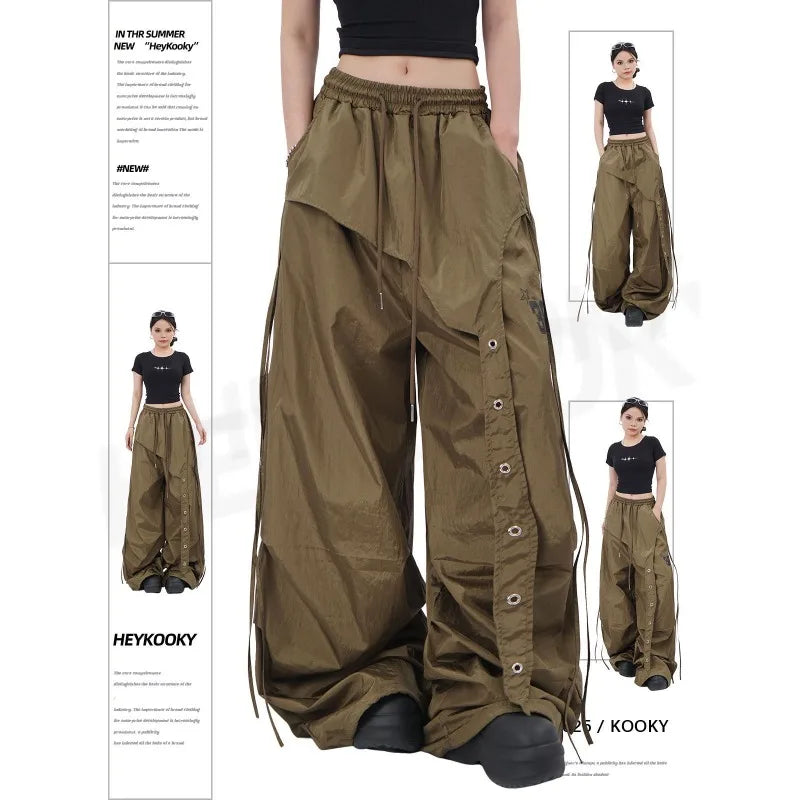 STORESDE American street quick drying retro military green work pants irregular design fake two-piece drawstring pleated casual pants
