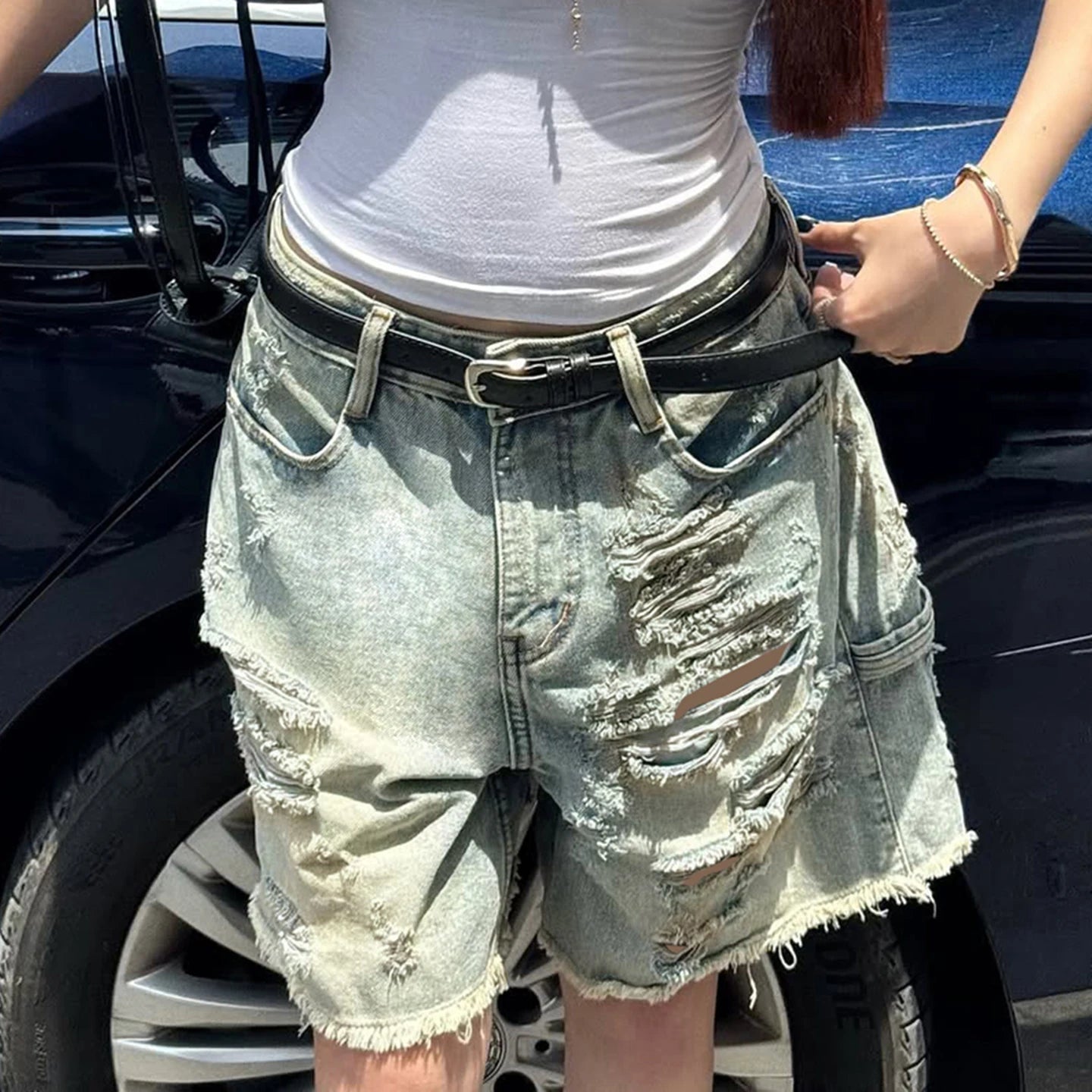 STORESDE SUCHCUTE Fashion Women Ripped Raw Hem Retro Jeans Shorts  Summer Five-Pocket Denim Shorts Chic Straight Legged Pants Streetwear