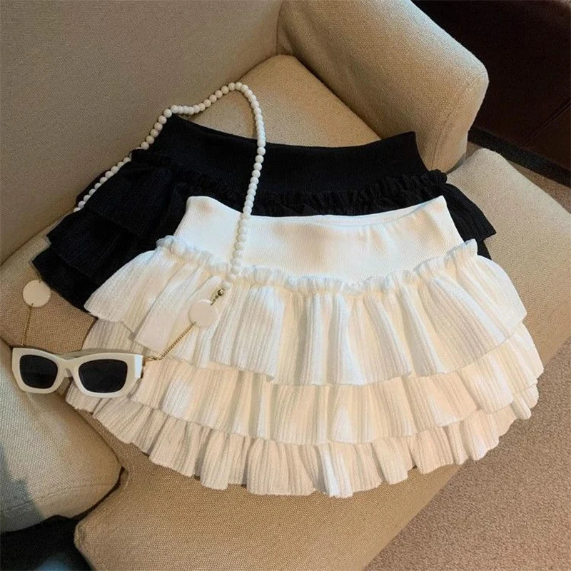 STORESDE Sweet Puffy Cake Women Skirts Korean Fashion Ruched Ruffle Mini Skirt Campus Harajuku Casual Versatile Elastic Waist Solid Skirt