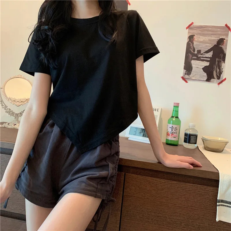 STORESDE Slit Bandage V Neck Sexy Crop Top Women Korean Casual Summer New Short Sleeve T-shirt Y2K Streetwear Trendy Top for Women