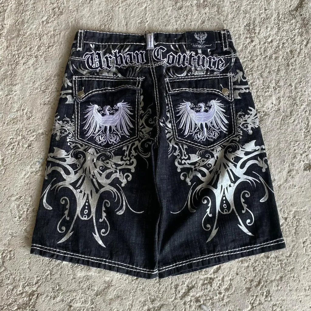 STORESDE New Streetwear American Denim Shorts Mens Womens Hip Hop Embroidery Printed Loose Shorts Gothic Retro Casual Basketball Shorts