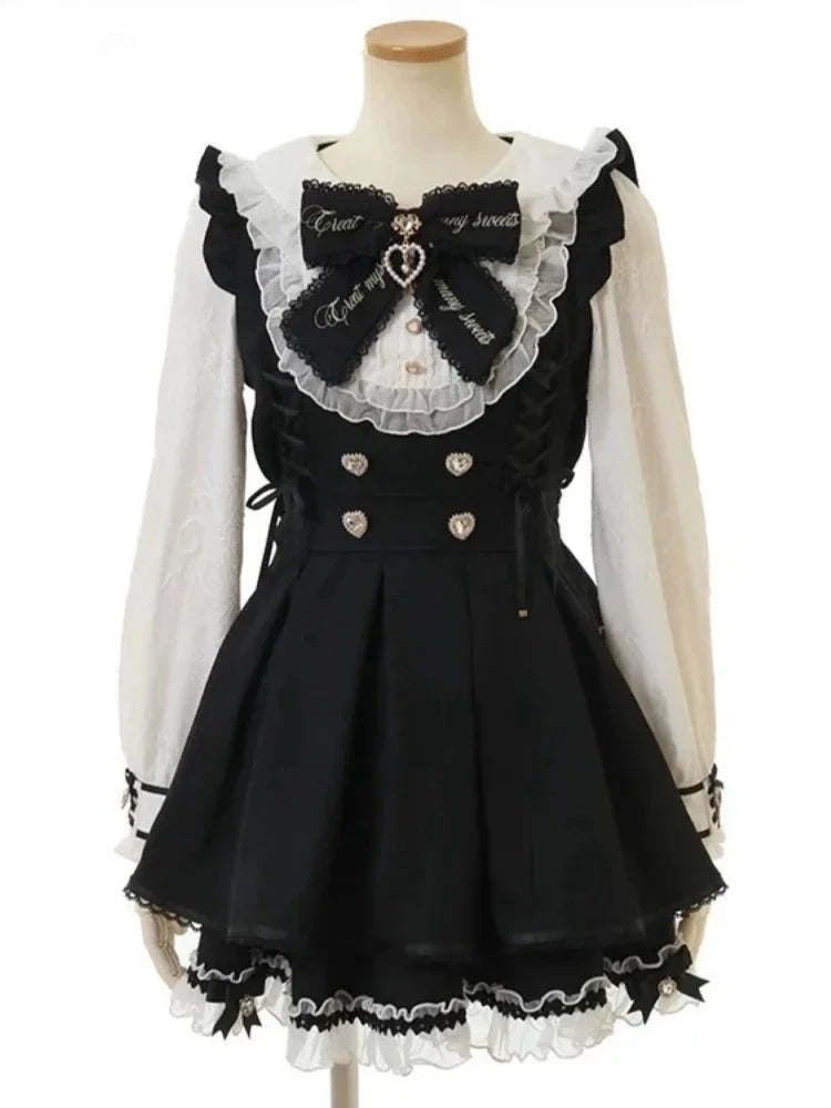 STORESDE Harajuku Sweet Bow Black Plaid Dresses All-match Slim Fit Kawaii Lolita Dress for Women Autumn New Long Sleeve Vestidos De Mujer