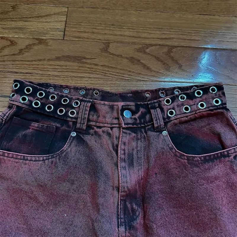 STORESDE Y2K Casual Loose Jeans Vintage Letter Print Rivet Waist Belt Design Red High Waist Wide Leg Jeans Men Women Hip Hop Streetwear