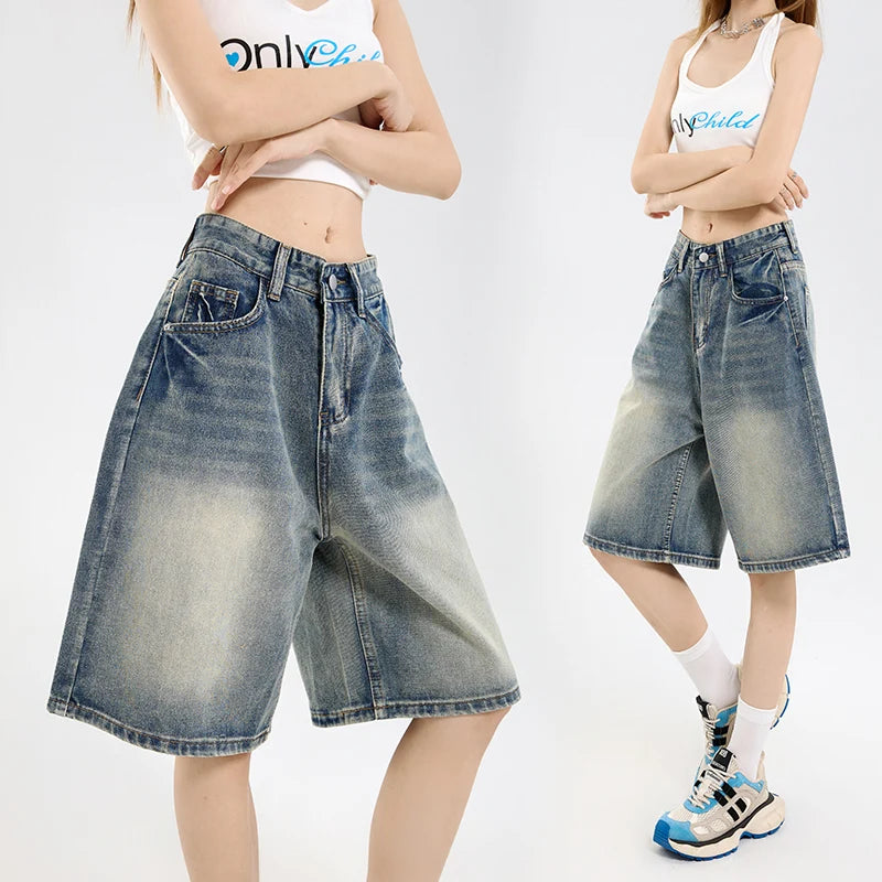 STORESDE 2026 Korean Street Casual Y2K Loose Wide-leg Denim Shorts Five-point Baggy Jeans Women's All-match Straight Summer Hot Shorts