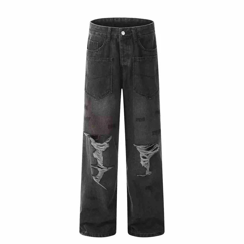 STORESDE Spring American Retro Ripped Wide-leg Jeans For Men High Street Fashion Distressed Baggy Denim Pants 2025 New Casual Y2K Jean