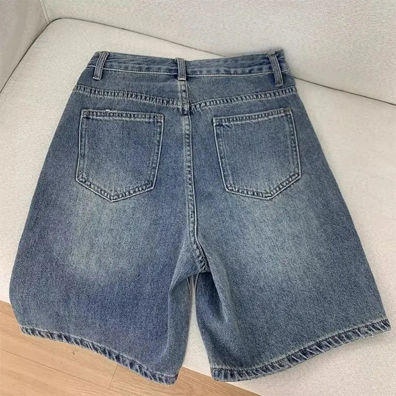 STORESDE Spring Summer Women Casual Denim Shorts Fashion Female Wide Leg Short Jeans Knee Lenght Denim Pant Women High Waist Shorts Girls
