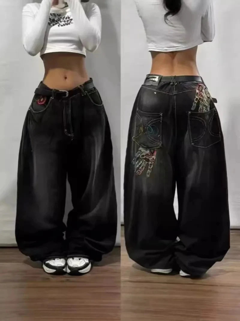 STORESDE American New Fashion Letter Embroidery Stitching Old Baggy Jeans Women Y2K Harajuku  Popular High Waist Wide Leg Trousers