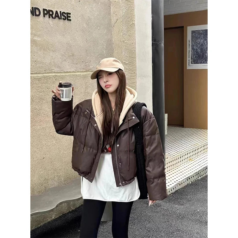 STORESDE Hooded Short Parkas Women Fashion Black Patchwork Puffer Jacket Winter Streetwear Down Coats Korean Cotton Padded Outerwears New