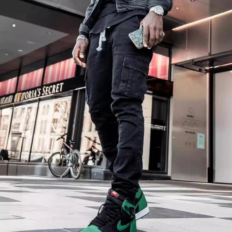 STORESDE Men Street Elastic Denim Jeans Wash Solid Color Multi Pockets Cargo Pants Casual Slim Fit Daily Wear Joggers Mid Waist Trousers