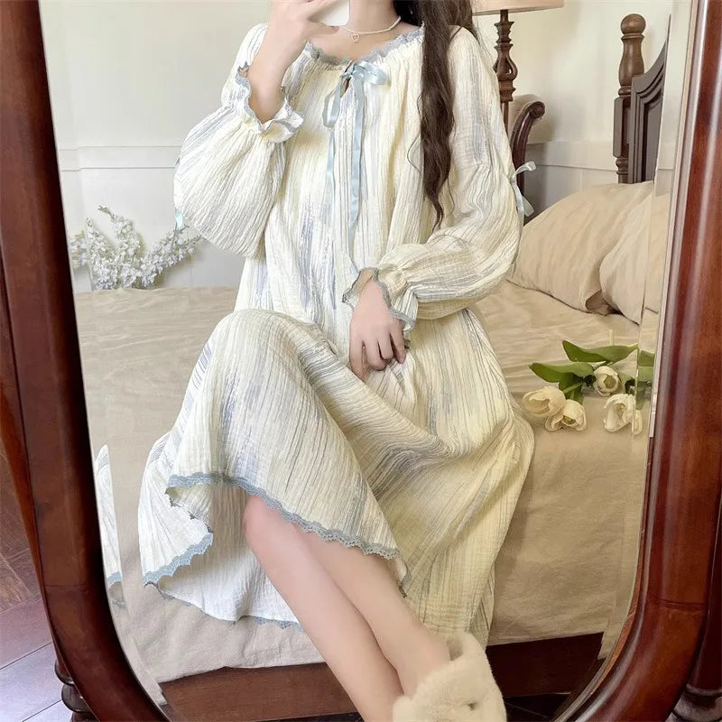STORESDE Women Pajamas Dress Princess Style Sweet Long Sleeve Nightdress Round Neck Wide Striped Bow Cute Girly Midi Dress Night Wear