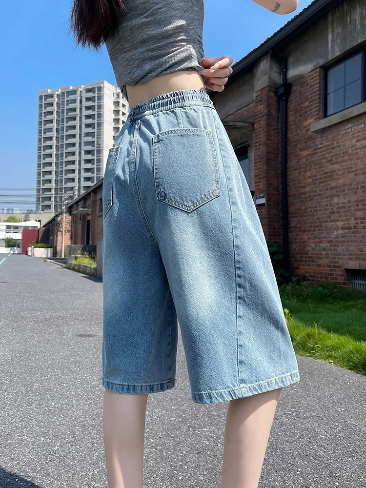 STORESDE Summer Boyfriend Plus Size Jeans Shorts Woman Casual Loose Wide Leg Bermudas Baggy Denim Shorts Women Lace Up Half Short Pants