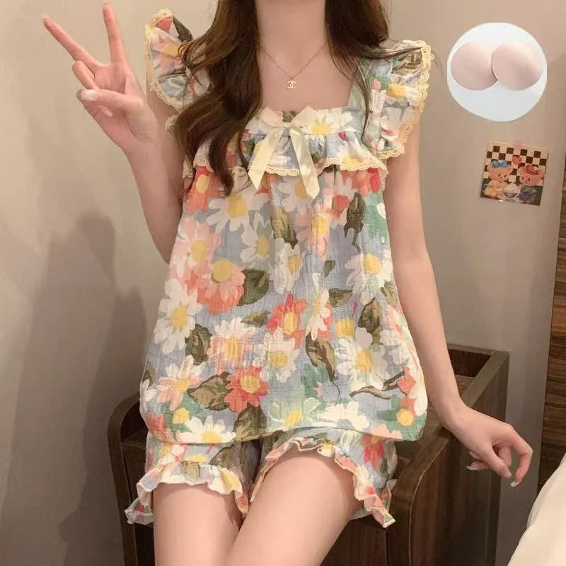 STORESDE Set Sexy Women Summer Pajamas Sleeveless Sleepwear Trousers Sets Short Sleeve Sleepwear Women's Pajama Sleeping Sleep Lounge