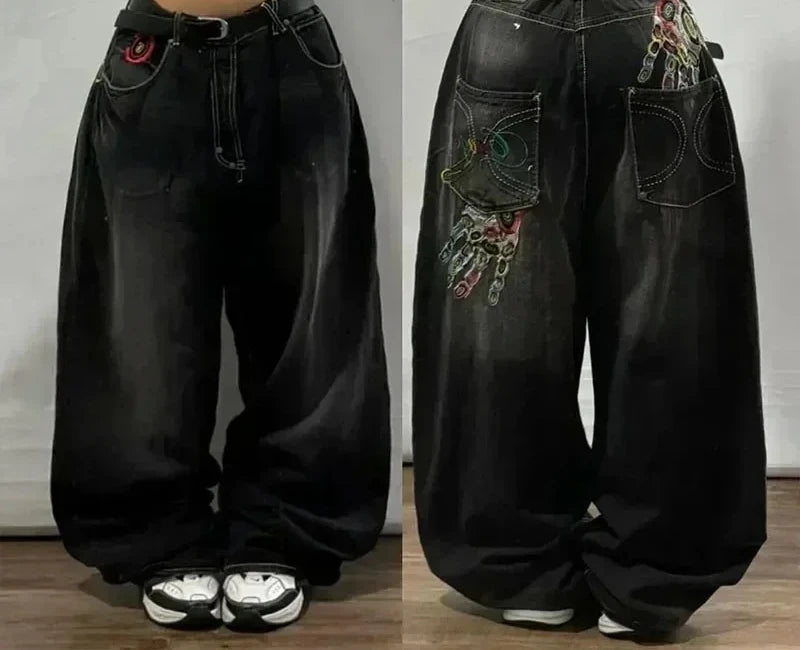 STORESDE 2025 New American Trend Retro Hip-hop Embroidery Pattern Baggy Jeans For Men And Women Y2K Harajuku Gothic Wide Pants Streetwear