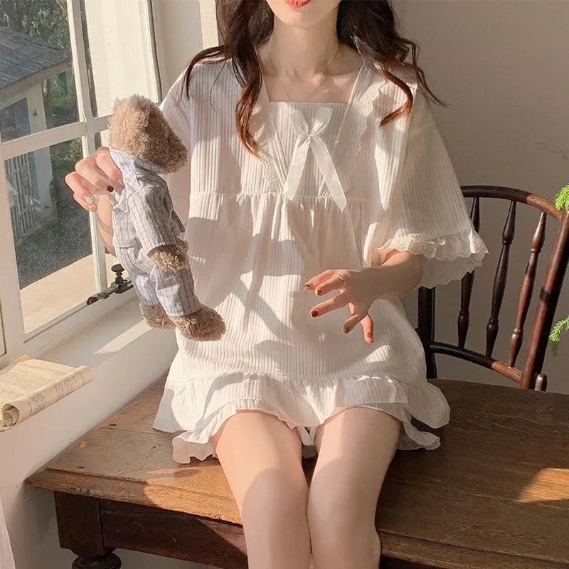 STORESDE Palace Style Pajamas Ladies Summer Loungewear Set Short-Sleeved with Cushion Korean Small Sweet Girlfriends Loungewear Set