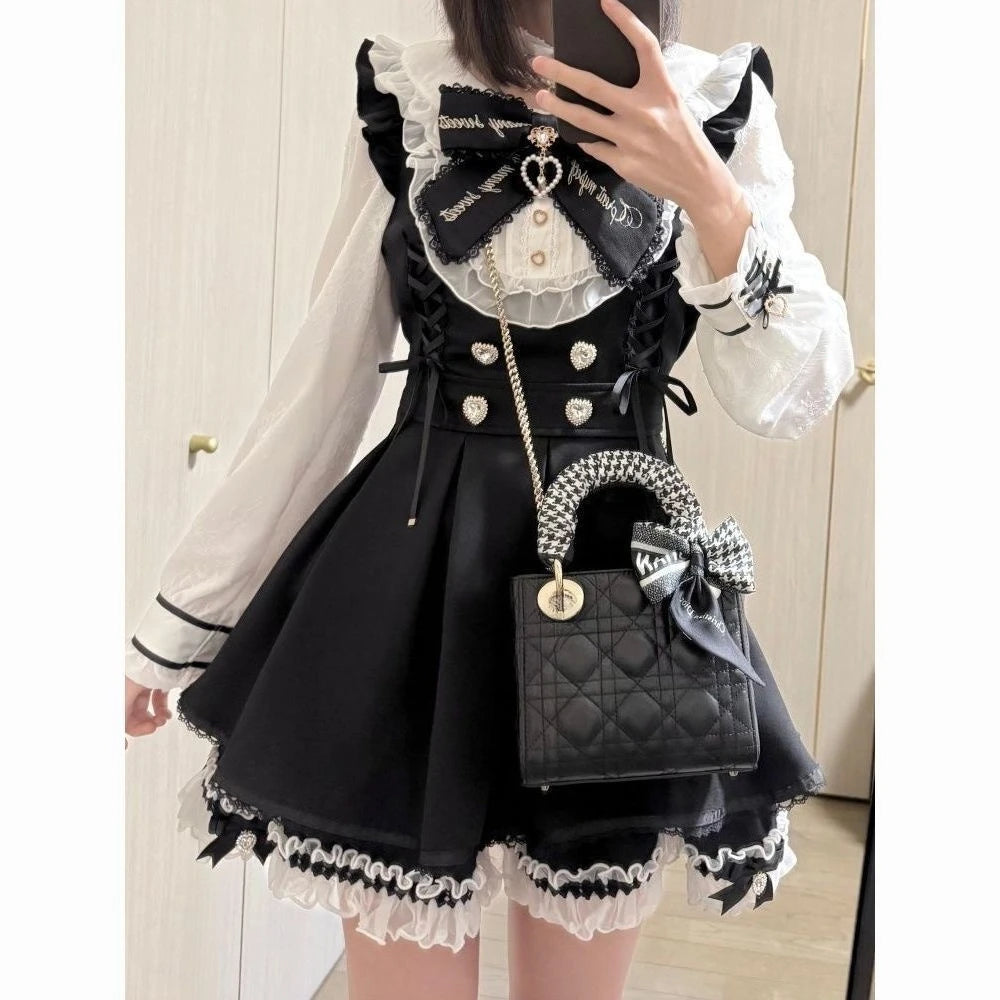 STORESDE Harajuku Sweet Bow Black Plaid Dresses All-match Slim Fit Kawaii Lolita Dress for Women Autumn New Long Sleeve Vestidos De Mujer
