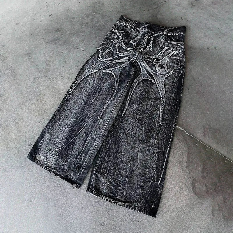STORESDE Gothic Retro Baggy Unisex Mopping Pants Y2K Phantom Jeans High Street Spider Embroidered Patch Hip Hop Streetwear Straight Jeans