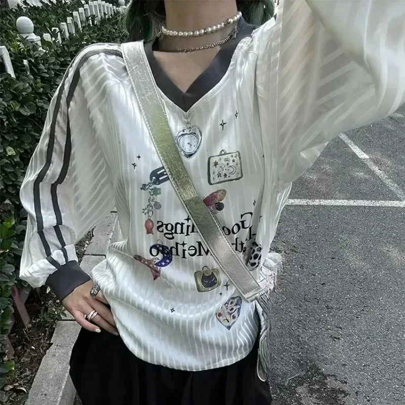 STORESDE Korean Y2k Butterfly Print T-shirts for Women Translucent Striped V Neck Long Sleeve Tee Shirt American Retro Oversize Clothes