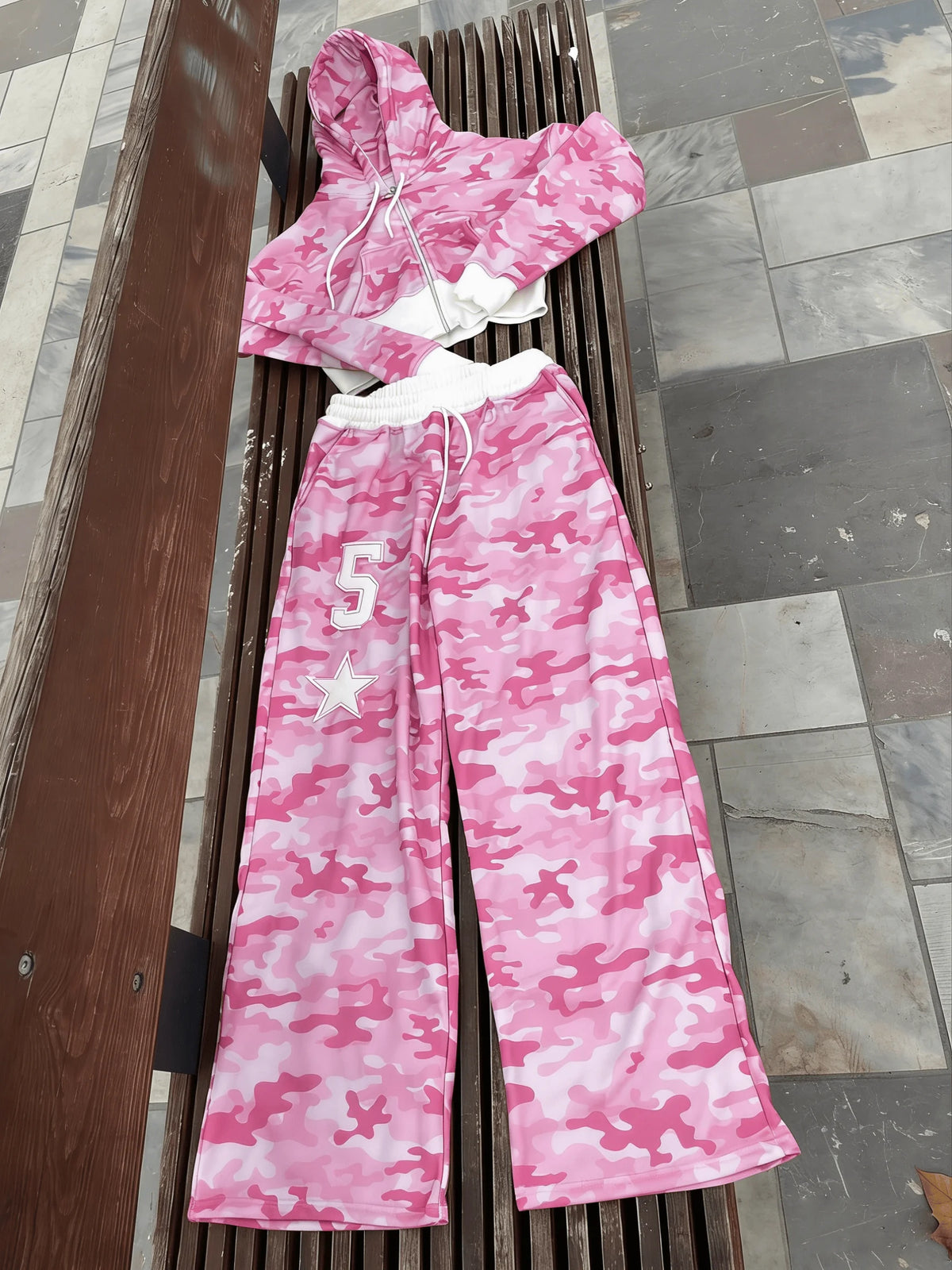 STORESDE Women Pink Camouflage Set 2026 Y2K Streetwear Female Sportswear Gym Workout American Hip Hop Hoodie Two Piece Set Tracksuit