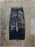 STORESDE Y2K Vintage Baggy Jeans Men Streetwear Red Side Zip Striped Denim Pants Hip Hop Embroidered Wide Leg Trouse