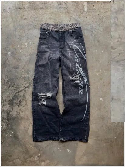 STORESDE Y2K Vintage Baggy Jeans Men Streetwear Red Side Zip Striped Denim Pants Hip Hop Embroidered Wide Leg Trouse