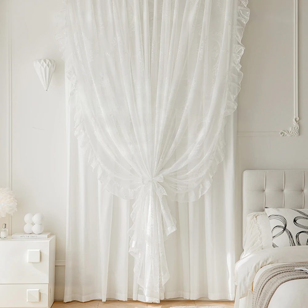 STORESDE French Vintage Ruffled Lace Embroidered Curtain Sheer, Bedroom Balcony Living Room Drapes, Light-Filtering Privacy Protection