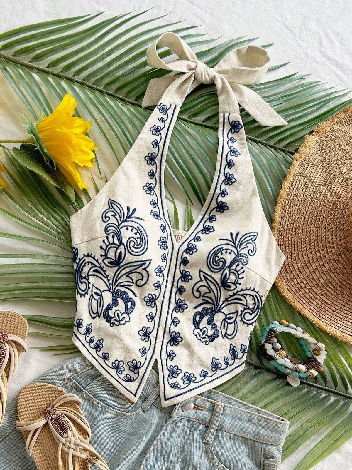 STORESDE Women Floral Embroidered Halter Top Boho Sleeveless Backless Tie Neck Crop Tank Summer Beach Vacation Camisole