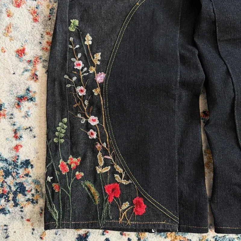 STORESDE Y2K Floral Baggy Jeans Retro Blossom Embroidery Streamlined Unisex Streetwear Gothic High Street Oversized Wide Leg Men Pants