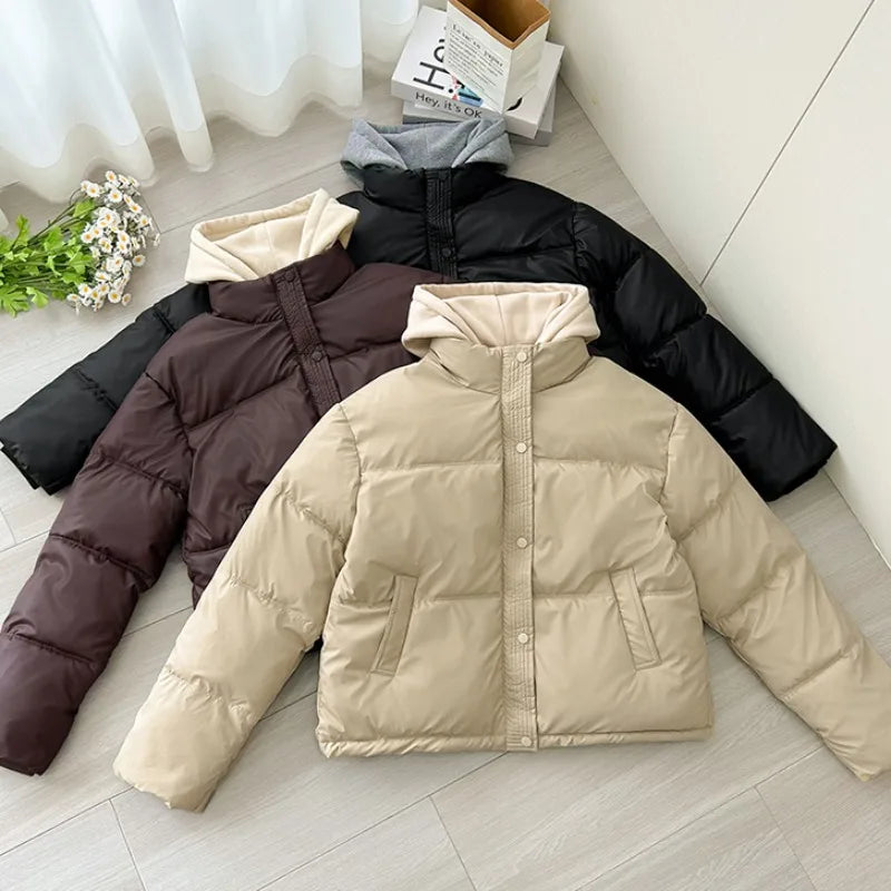 STORESDE Hooded Short Parkas Women Fashion Black Patchwork Puffer Jacket Winter Streetwear Down Coats Korean Cotton Padded Outerwears New