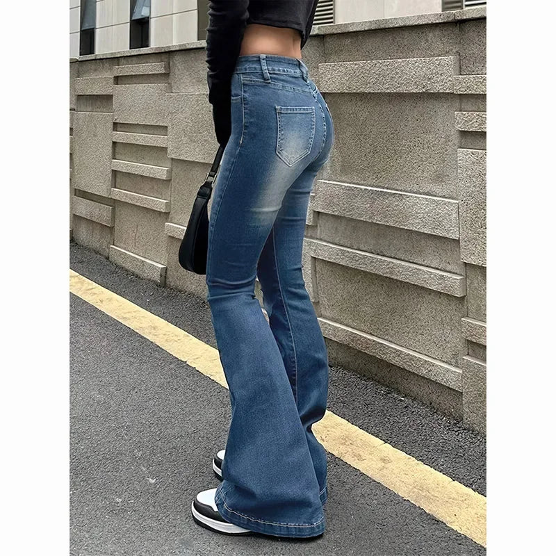 STORESDE 2025 Girls Concise Ins High Waist Flared Jeans Female Stretchy Bootcut Denim Pants Women Solid Color Thin Bell Bottoms Trousers