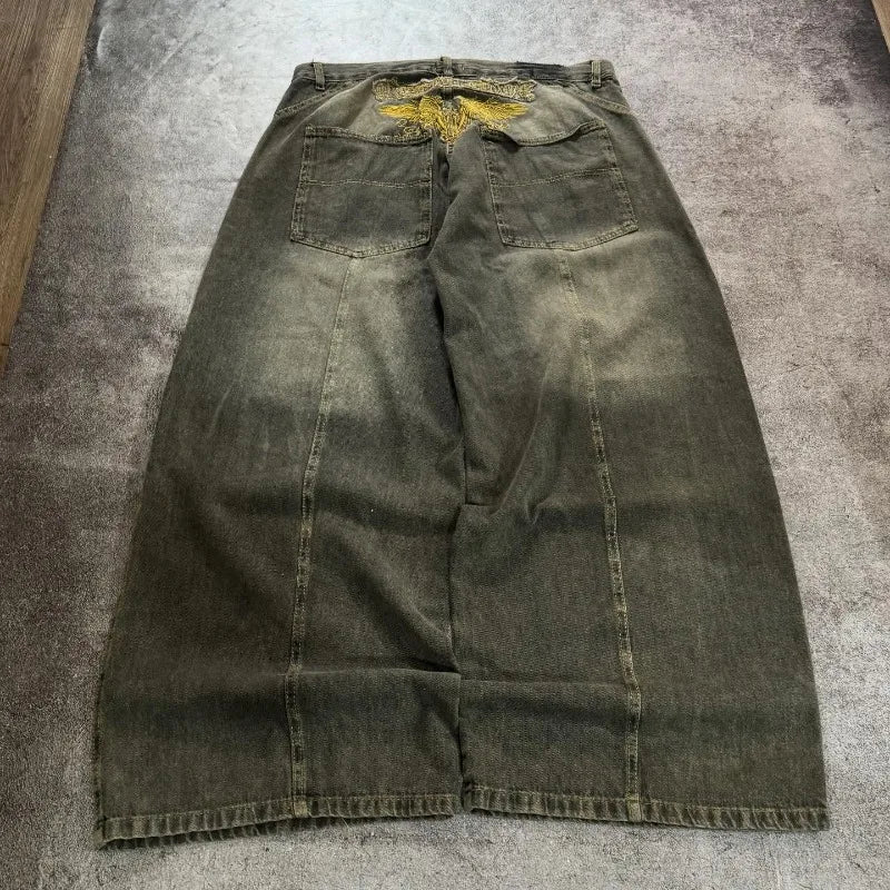 STORESDE American New Fashion Old Yellow Washed Baggy Jeans Ladies Y2K Gothic Hip Hop Vintage Casual High Waist Wide Leg Pants
