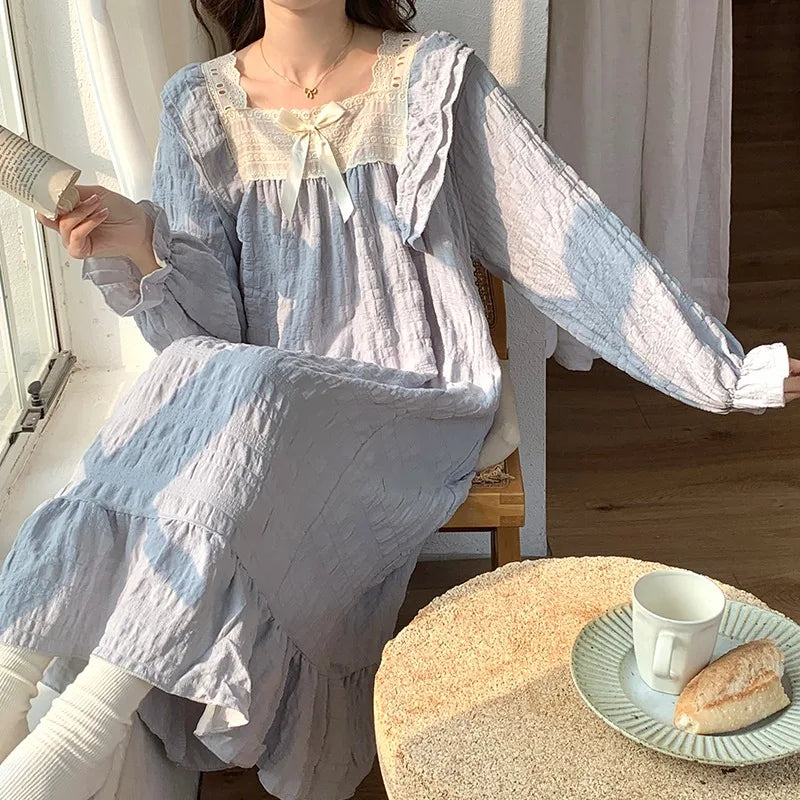 STORESDE Long-Sleeved Harajuku Style Nightgown Women's Pajamas Lace Sweet Cute Nightdress Spring Summer 2026 New Square Collar Home Wear