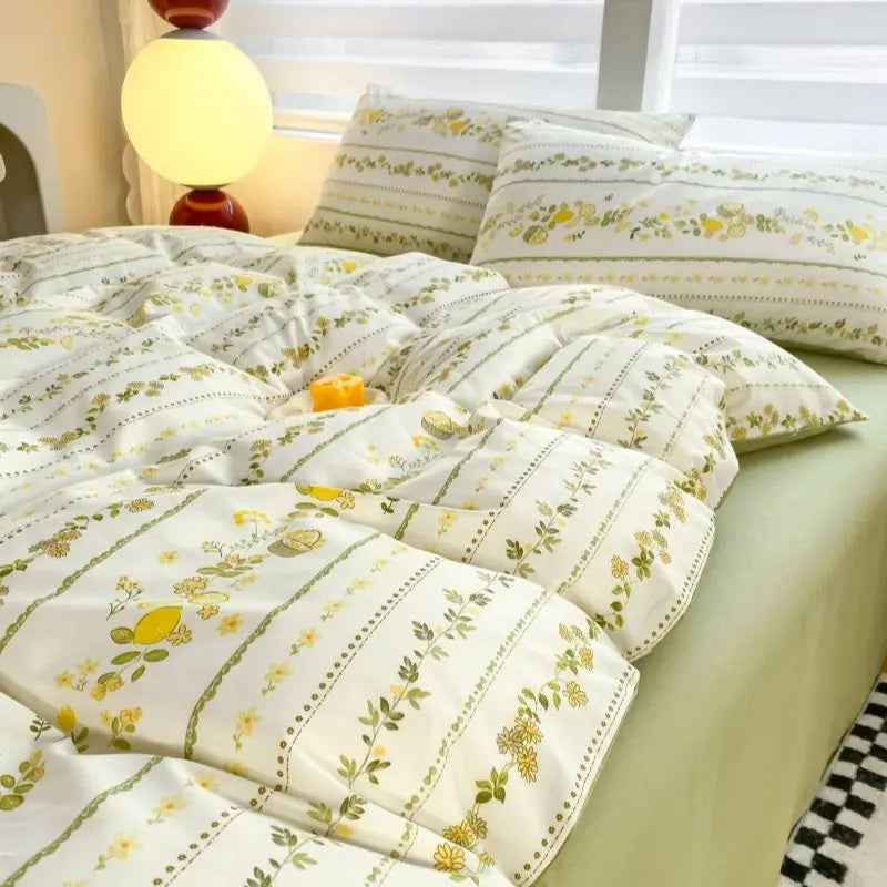 STORESDE Green Floral Bedding Set Ins Fashion Twin Full Queen Size Duvet Cover No Filler Flat Sheet Pillowcase Girl Home Totel Bed Linens