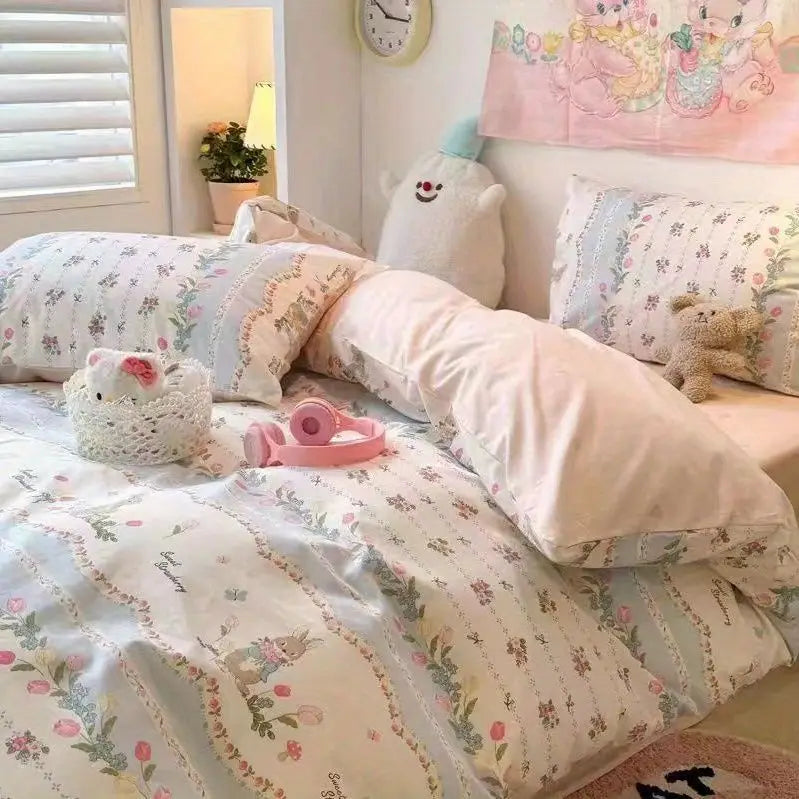 STORESDE Green Floral Bedding Set Ins Fashion Twin Full Queen Size Duvet Cover No Filler Flat Sheet Pillowcase Girl Home Totel Bed Linens