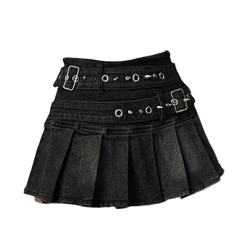STORESDE Women's Blue Black Riveted Belt Denim Skirt Y2K Harajuku High Street Fashion 90s Sexy A-line Mini Skirt Summer Clothing 2026 New