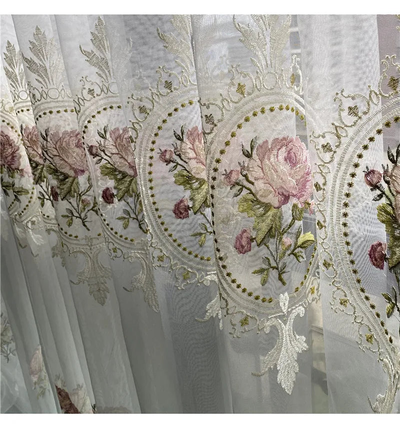 STORESDE American Luxury Peony Embroidery Tulle Curtain For Living Room European Elegant Flower Embroidery Sheer Voile Drapes For Bedroom