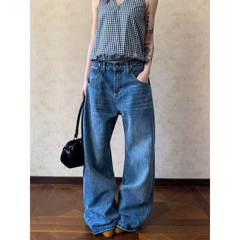 STORESDE Womens Jeans Vintage American Design Distressed Denim Womens Pants Loose Fit Straight Leg Trousers For Casual Wear