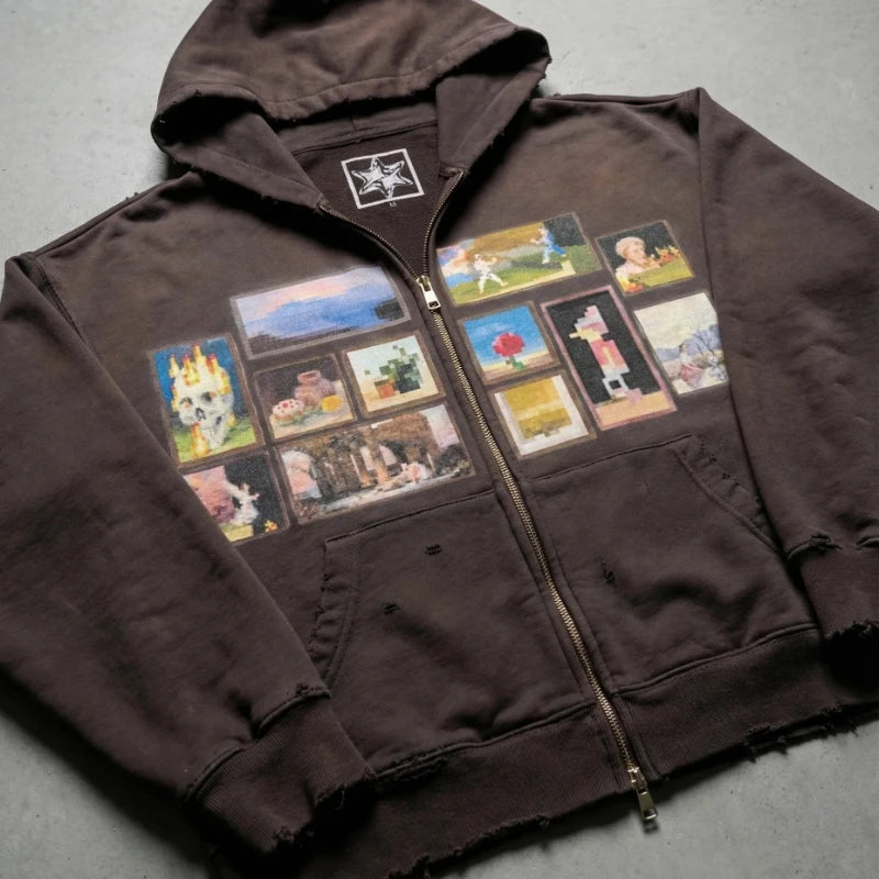 STORESDE Y2K Retro Gallery Hoodie Brown Pixel Painting Art Pattern Zip Up Sweatshirt Trendy Classic Streetwear Unisex Oversize Clothing