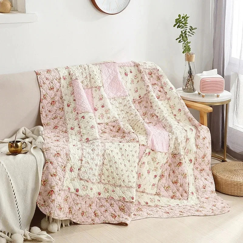 STORESDE Floral Plaid Blanket, Cotton Quilt, Bedspread on the Bed, Applique Duvet, Quilted European Coverlet, Cubrecam Linen Bed Cover