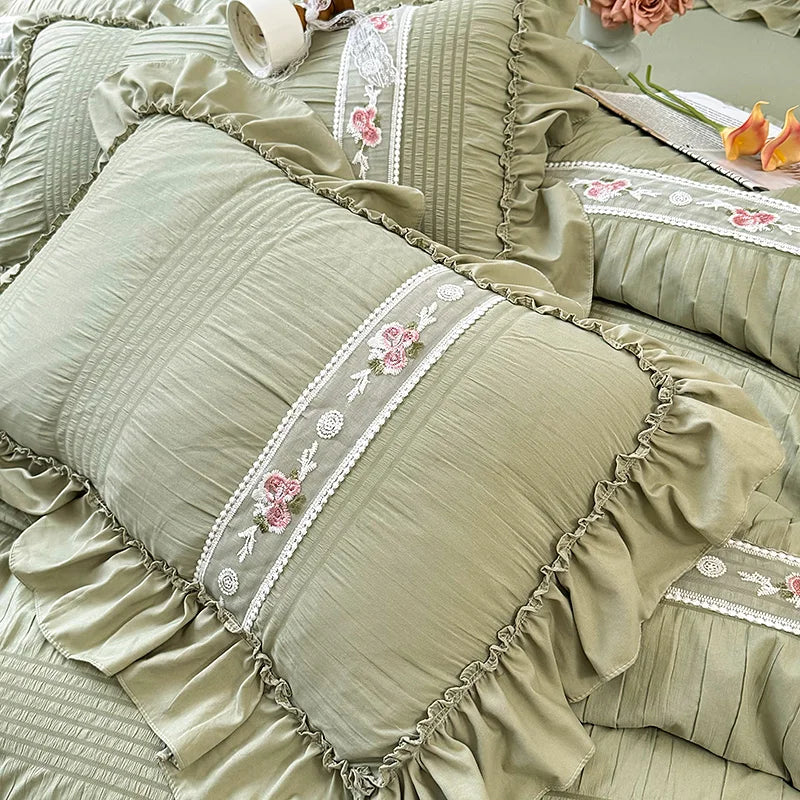 STORESDE 2Pcs Korean Princess Style Pillowcase Large Lace Ruffle Girls Home Bedroom Decorative Soft Washed Cotton Pillow Cover 48x74cm