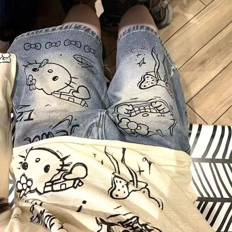 STORESDE New 2025 Sanrio Summer High Street Style Denim Jeans Shorts Light Blue Straight Girls Deni Shorts Jeans Fashion Casual Jeans