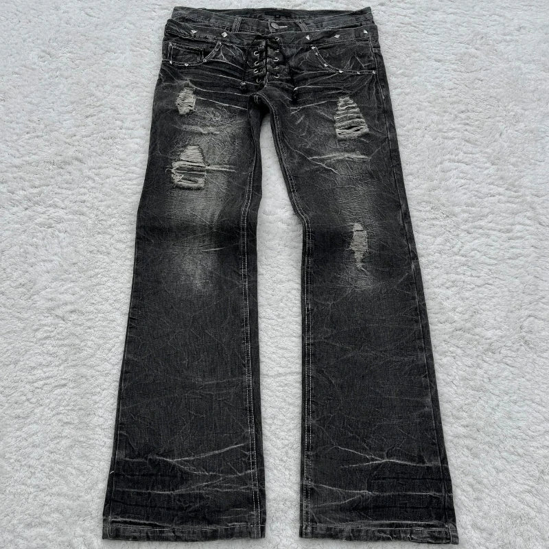 STORESDE Y2K Washed Jeans Gothic Retro Micro Flared Double Waisted Lace Up Pants Men Women Streetwear High Quality Design Sense Trousers