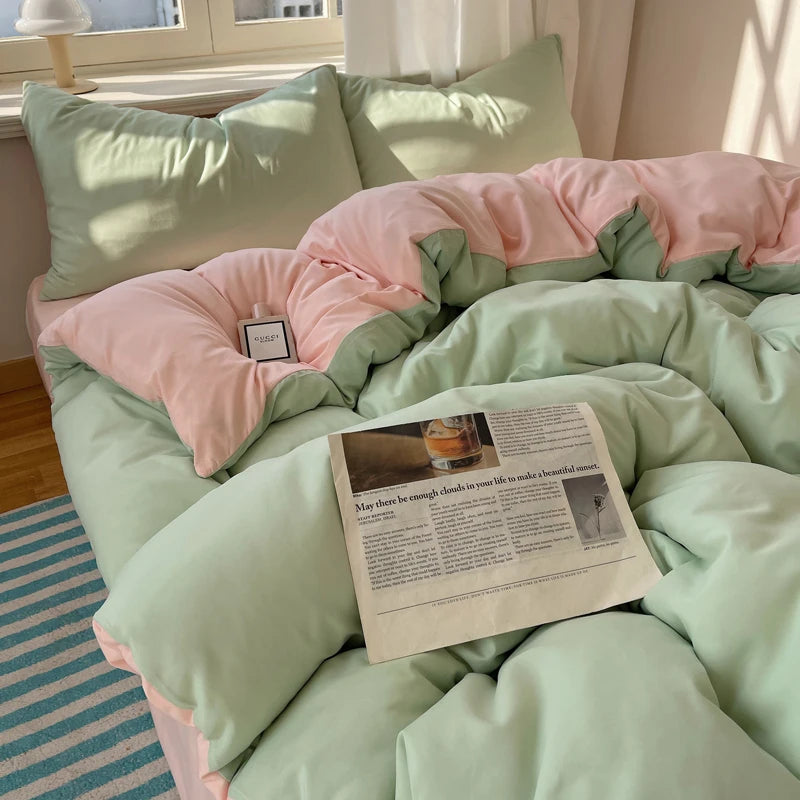 STORESDE Cotton Bedding Set 4pcs with Solid Bed Sheet Duvet Cover Pillowcases Single Couple Bedsheet King Queen Double Twin Size